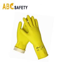 Economy Flock-Lined Yellow Latex Unsupported  liquid proof Glove with Diamond Fishscale Pattern Grip