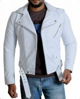 Motorcycle Mens White Biker Leather Jacket Vintage Classic Stylish Look Lambskin