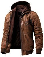 GENUINE MENS BLACK LEATHER BIKER STYLE LEATHER JACKET REMOVABLE HOOD