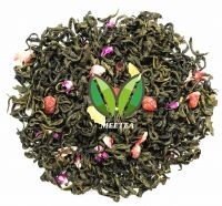 Long leaf green tea flavored with strawberry,peach pieces and flower petals