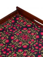 Set of 3 Navy &amp; Coral Red Flower Digital Print Teak Wood Serving Trays From India