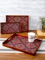 Set of 3 Navy &amp; Coral Red Flower Digital Print Teak Wood Serving Trays