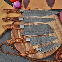 Damascus Steel Kitchen Chef Knife Set Chef's 5 Knives With Free Leather Roll Bag