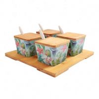 small bamboo white color kitchen spices canister set with bamboo tray