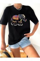 Women&#039;s T-Shirt Elephant Patterned Embroidered Beaded T-Shirt Ideal for 2022 Summer Season Stylish Design