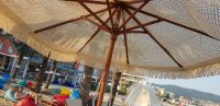 Boho Macrame Beach Umbrella with Canopy Cotton Yarn Beige With Fringe - Foldable Balinese Style Outdoor Parasol