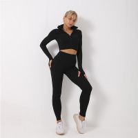 Contrast Pop Zip Closure Long Sleeves Top And Activewear Leggings Set