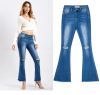 ladies fashion wide leg pants flared jeans pants with torn raw hem pants
