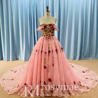 Fashion Off Shoulder Pink Rose Lace Bridal Gown Wedding Dresses