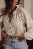 Shewin Wholesale Notch Neck Button Down Raglan Sleeve Crochet Top