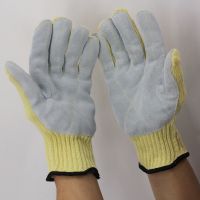 Aramid double-layer leather safety gloves for high-temperature work, cut-resistant and wear-resistant kitchen oven heat-resistant gloves