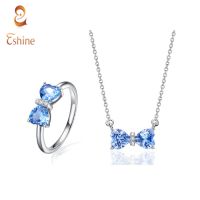 Blue Topaz Heart Bow Silver Ring &amp; Pendant Necklace Jewelry Set