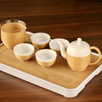 Bamboo woven porcelain tea set