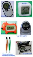 Alarm Clock, calculators, pens with logos