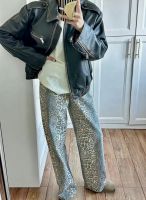 Retro Medieval Mobwife Style Slim Leopard Print Water Washed Old Wide Leg Denim Pants Women's 4002