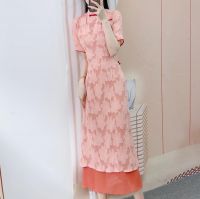   Summer 2024 brand counter fashion temperament chiffon cut flower luxury short-sleeved cheongsam dress 021