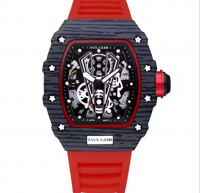 PAULAREIS Fashion Men Automatic Self Wind Skeleton Mechanical Red Black Rubber Strap Richard Fashion Tonneau Hollow Out Watch