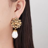 Lewis Segal Vintage Lion Head Earrings With Pearl Drop