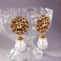 Lewis Segal Vintage Lion Head Earrings With Pearl Drop