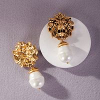 Lewis Segal Vintage Lion Head Earrings With Pearl Drop