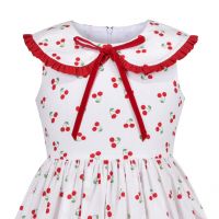 Girls Dress Vintage Velvet Bow Tie Round Collar Cherry Cotton Sleeveless Size 5-10 Years