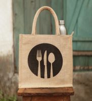 Jute Lunch Bag - Natural Jute Lunch Bag with Bottle Holder &amp;amp; Flat Pocket