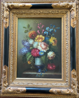 Vintage Floral Hand Painting In Golden Frame Oil On Wood French Art