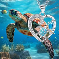 DaDa2024 hot sale blue zircon turtle pendant necklace silver heart-shaped necklace female birthday gift exquisite jewelry gift for mother From Hong Kong