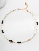 Sterling Silver Natural Pearl Black Agate Horseshoe Shell Enamel Necklace