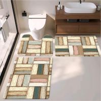 3pcs Wooden Floor Style Bath Toiet Mat Pu Leather Wear Resistance Bathroom Floor Mat No Stains Quick Drying Rubber Non-slip Shower Mat 