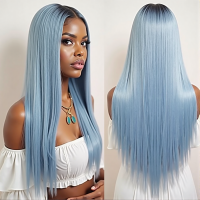  Luxurious Silver Gray Straight Wig, Extra Long Length, Heat Resistant Synthetic Hair, Center Part