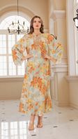 Muslim Abaya Summer Dress Long Flowy Robe Dubai Kaftan with Print SMT020