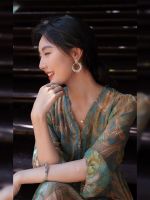  Elegant Waist-Defying Silk Chiffon Print Dress 80135