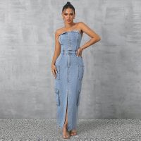 Customizable Summer Blue Denim Dress - Strapless Workwear Style with Oversized Pockets WMFS6006