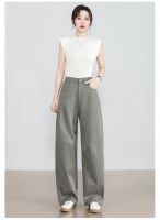 Women's Slate Grey Wide-Leg Pants  New High Waist Loose Fit Trendy Tailored Dropped Crotch Palazzo Pants with Flowy Hem 886