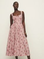 Linen Pink Square-Neck Midi Dress