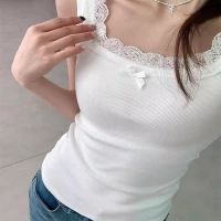 Pure style white lace mosaic camisole vest for women for summer wear slim fit bow design short sleeveless top