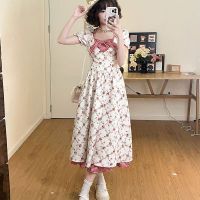 Idyllic holiday style flying sleeve floral short skirt women plaid stitching summer dress