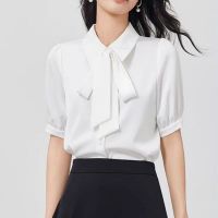 White bow French shirt design sense minority commuting chiffon long sleeve shirt women streamers