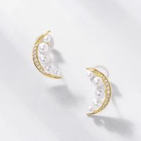 925 Sterling Silver Moon-Shaped Earrings with Natural Freshwater Pearl, 18K Gold Plated, Wholesale Gift Jewelry
