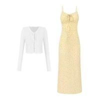 Yellow Floral Spaghetti Strap Dress - Women&#039;s Summer Sleeveless Sundress, French Sweet Style with Waist Definition ; A-Line Silhouette