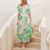 Spring new style women's beach dress, fitted and wide hem, casual four-way stretch printed long dress