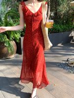 Summer new style Korean-style high-waisted beachwear halter dress with V-neck and printed design - pure erotic dress