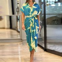 Summer new women's printed lapel casual short-sleeved high-waist long dress shirt dress