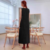 Summer Sleeveless Round-neck Padded Casual Long Dress for Women
