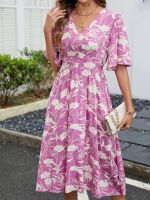 Cotton printed V-neck short-sleeved belted summer party beach dress with a gathered waistline