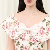 French-style sweet style wrap-around floral dress with waist cinching, summer high-end style bow patchwork dress, full-skirted women's dress