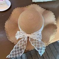 French wavy lace bow straw hat female summer hat sun hat holiday wind beach beach visor.
