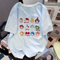 Contrast heavy industry embroidery cute hellokitty short sleeve T-shirt men and women summer V-neck contrast design cotton top.