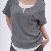 Large size 300 kg design sense splicing gray fake two-piece short-sleeved shirt loose irregular casual Joker T-shirt female